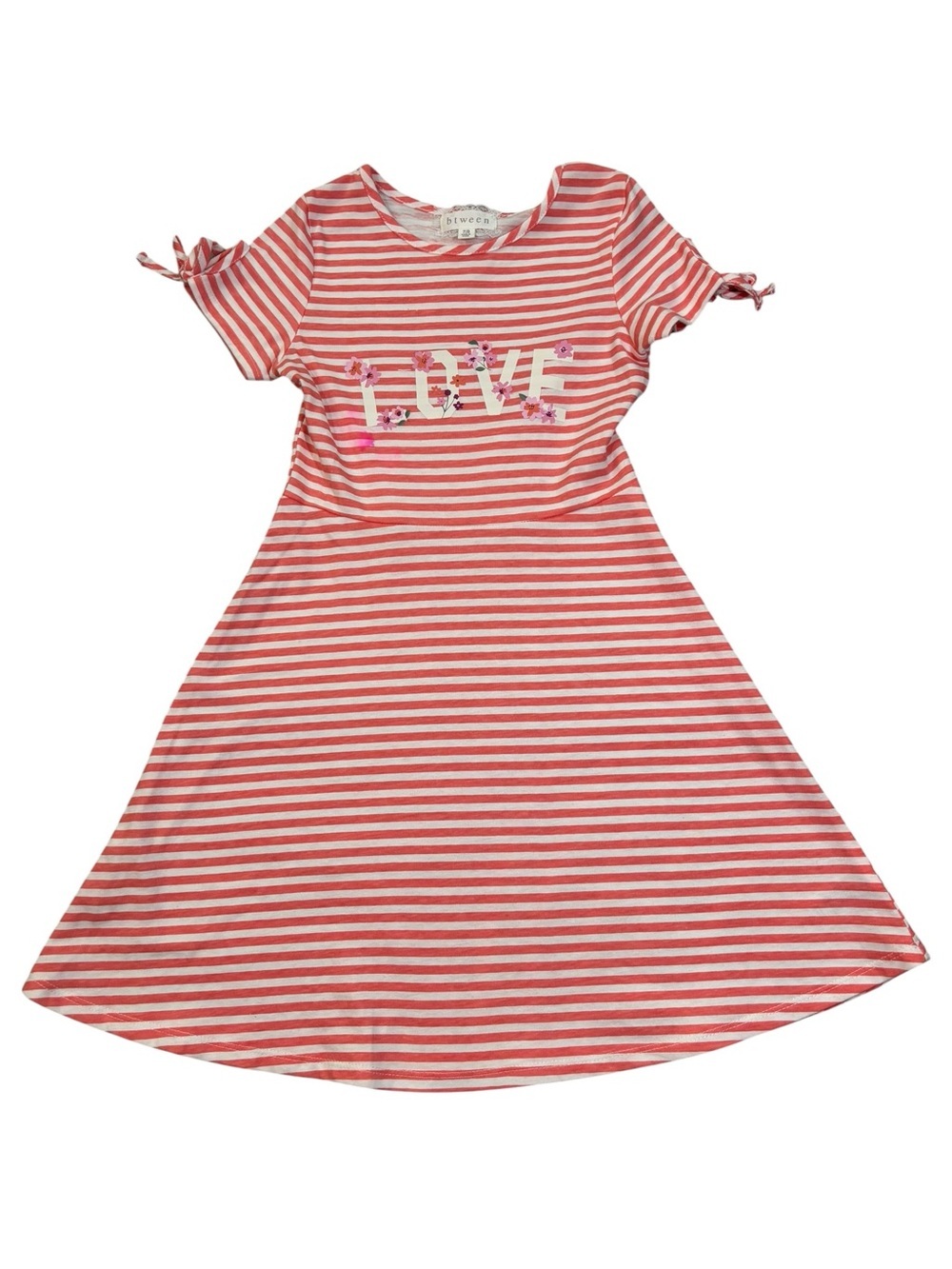 btween Dress Coral Pink & White Striped Tee LOVE, Size 7/8, Fit Flare, Flowers
